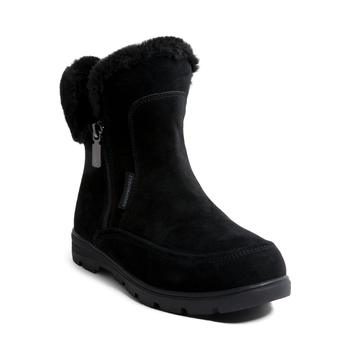 Blondo Kodis Women’s Waterproof Suede Boots in black featuring faux fur trim, dual side zippers, and a durable rubber outsole for cozy winter comfort. Available in Wide width.