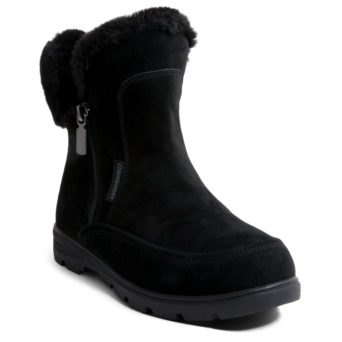 Blondo Kodis Women’s Waterproof Suede Boots in black featuring faux fur trim, dual side zippers, and a durable rubber outsole for cozy winter comfort. Available in Wide width.