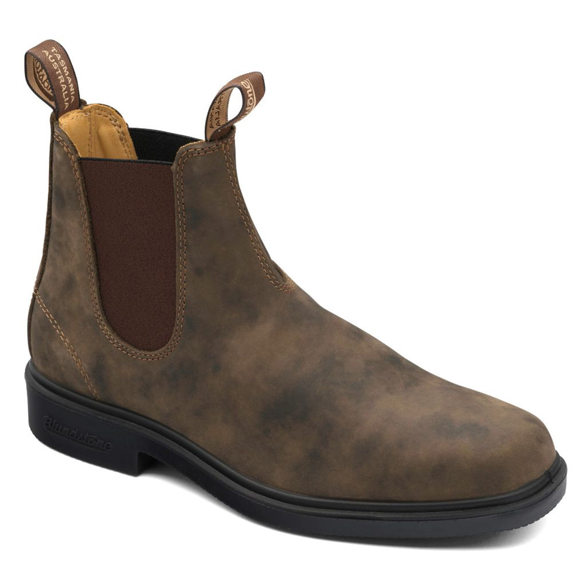 Blundstone 1306 unisex Chelsea dress boot in rustic brown leather with elastic side panels, pull tabs, and a sleek silhouette designed for all-day comfort and durability. Style #1306