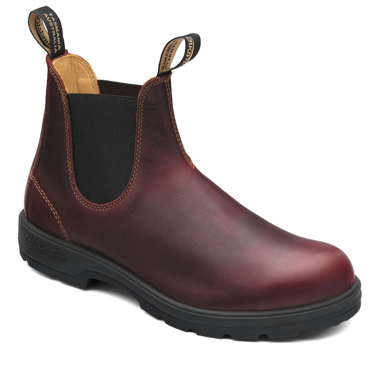 Blundstone 1440 unisex Chelsea boot in rustic redwood leather with elastic side panels, pull tabs, leather lining, and durable shock-absorbing sole. Style #1440