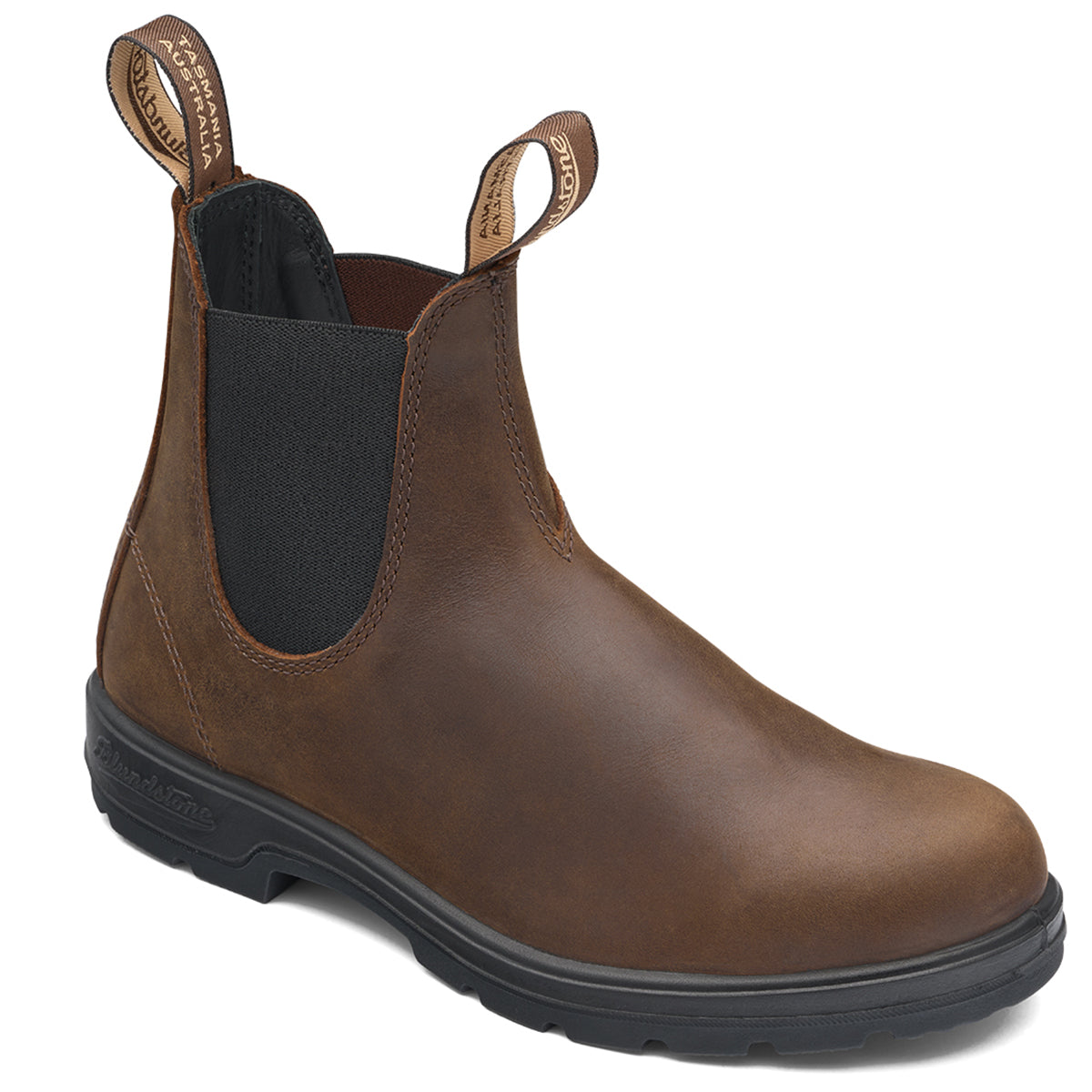 Blundstone 1609 Classic Unisex Boot in antique brown leather with elastic side panels, leather lining, XRD heel cushioning, removable EVA footbed, and durable thermo-urethane outsole. Style #1609