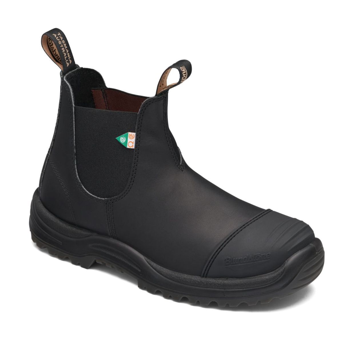 Blundstone 168 Unisex Work & Safety Boot in Black featuring CSA Grade 1 steel toe with rubber cap, premium weatherproof leather upper, broad fit, metal-free puncture-resistant midsole, XRD® cushioned removable EVA footbed, and slip-resistant TPU sole. Style #168