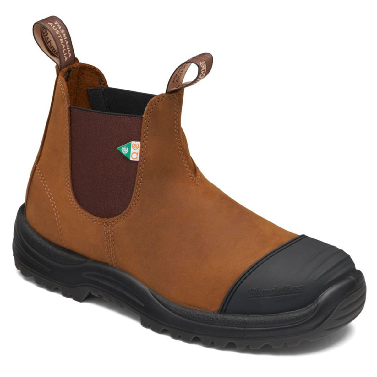 A brown work & safety boot with a rubber toe cap and a steel toe, designed for protection and comfort. Blunstone style 169.