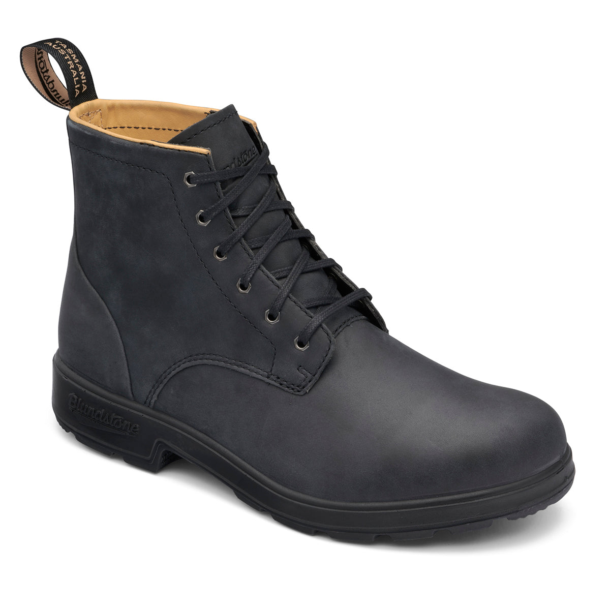 Blundstone 1936 Original Lace-Up Unisex Boot in Rustic Black featuring premium leather upper, secure lace-up closure, PU midsole, TPU outsole, XRD™ heel cushioning, removable EVA footbed, extra footbeds, and leather-lined interior. Style #1938
