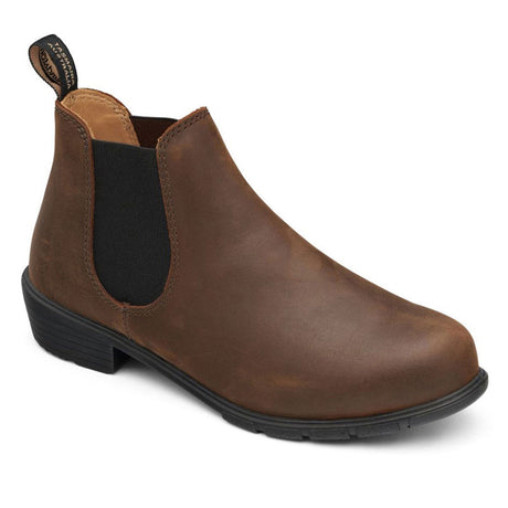 Blundstone 1970 Women’s Low Heel Boot in Brown featuring water-resistant leather upper, low 1¼-inch heel, elastic side panels, steel shank, and removable comfort footbed with extra set. Style #1970