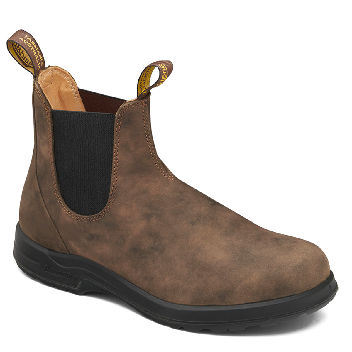 Blundstone 2056 All-Terrain Unisex Boots in Rustic Brown featuring weatherproof leather, Vibram® rubber outsole, shock-absorbing midsole, leather lining, and removable footbeds with an extra set for customizable comfort. Style #2056