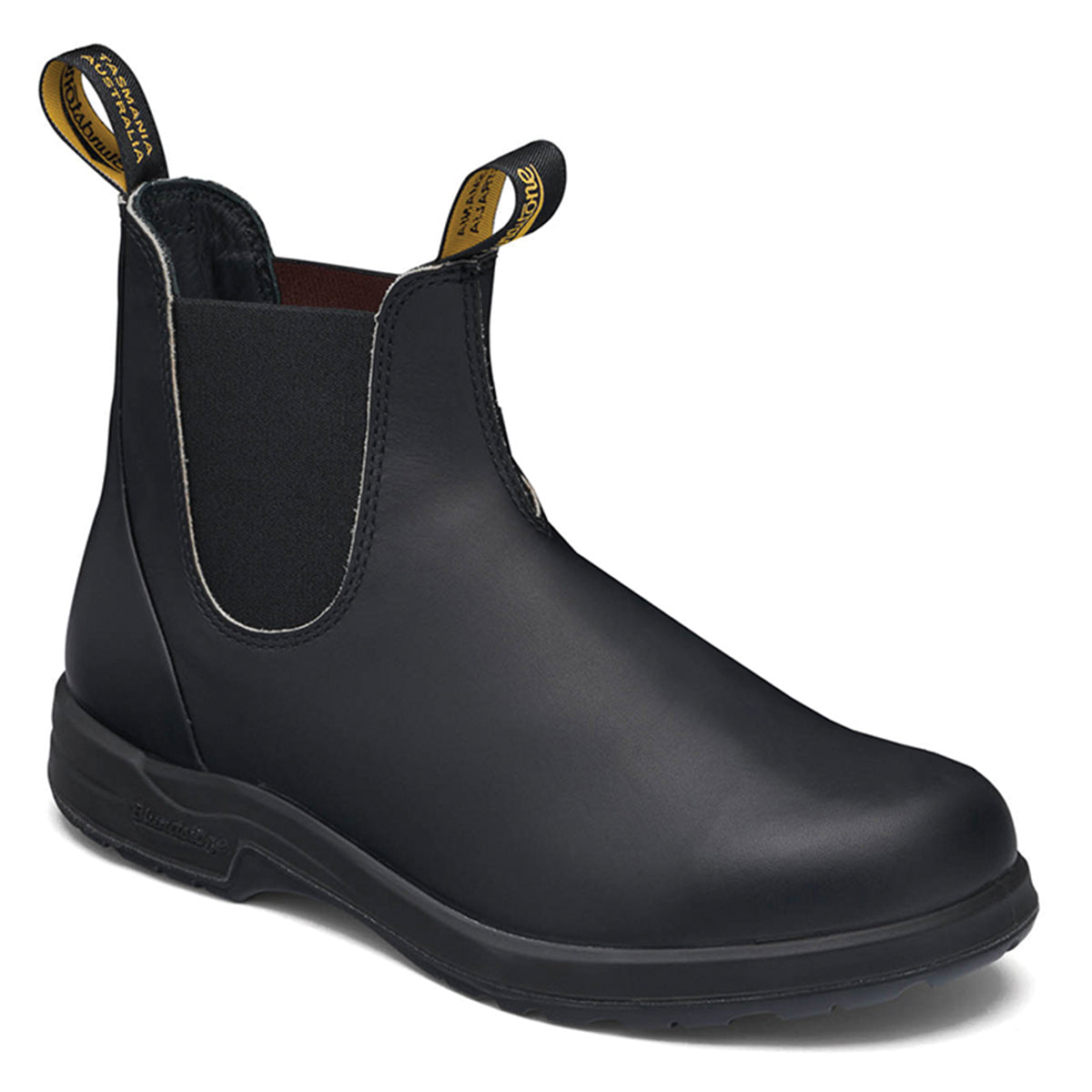 Blundstone 2058 All-Terrain Unisex Boot in Black featuring weatherproof leather, Vibram® rubber outsole for rugged grip, leather lining, hidden heel stitching, and removable anti-microbial footbeds with an extra set included. Style #2058