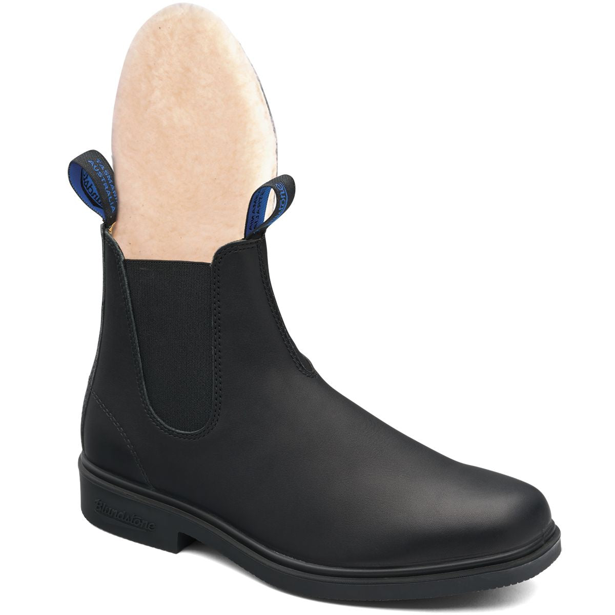 Blundstone 2081 Winter Thermal Dress Boot in Black featuring smooth waterproof leather, a modern square toe, elastic side panels, and a durable rubber outsole with warm sheepskin-lined removable insoles. Style #2081