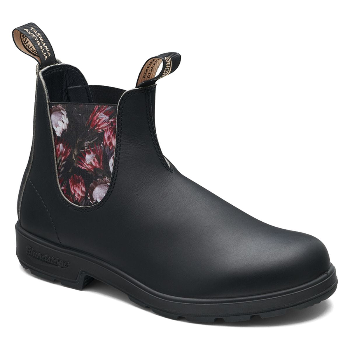 Black leather Blundstone Chelsea boot with a dark floral Protea elastic side panel and black sole, Style #2206.