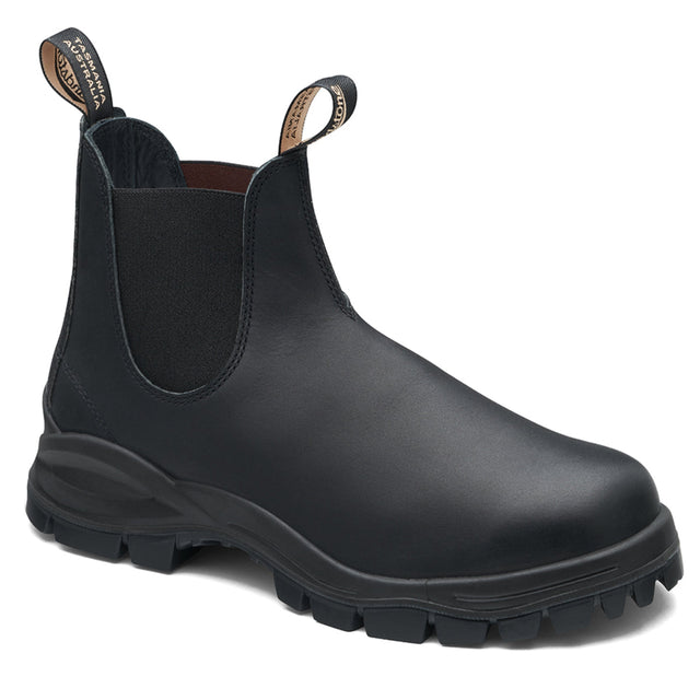 Blundstone 2240 Lug Series Unisex Chelsea Boot in Black featuring weatherproof leather, deep rubber lug sole, pull tabs, and removable XRD® cushioned footbed. Style #2240