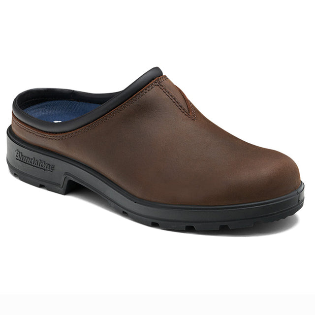 Blundstone 2421 Original Unisex Clog Slipper in brown leather with backless slip-on design, cushioned footbed, soft leather lining, and durable traction-ready outsole. Style #2421