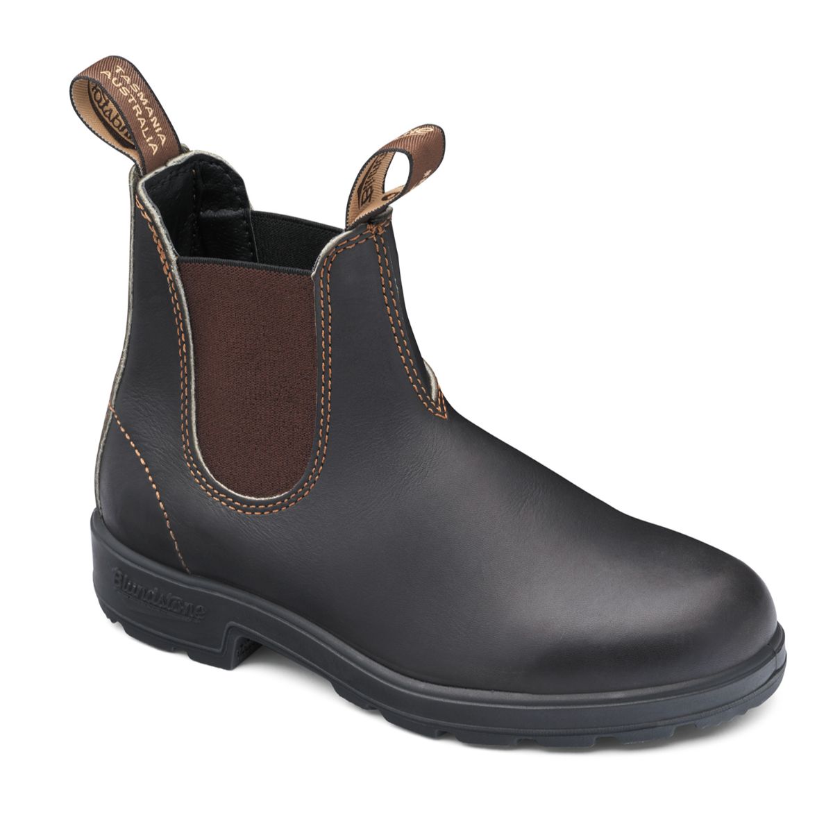Blundstone 500 The Original Unisex Chelsea Boot in stout brown leather with elastic side panels, steel shank, removable footbed, and durable polyurethane outsole for all-day wear. Style #500