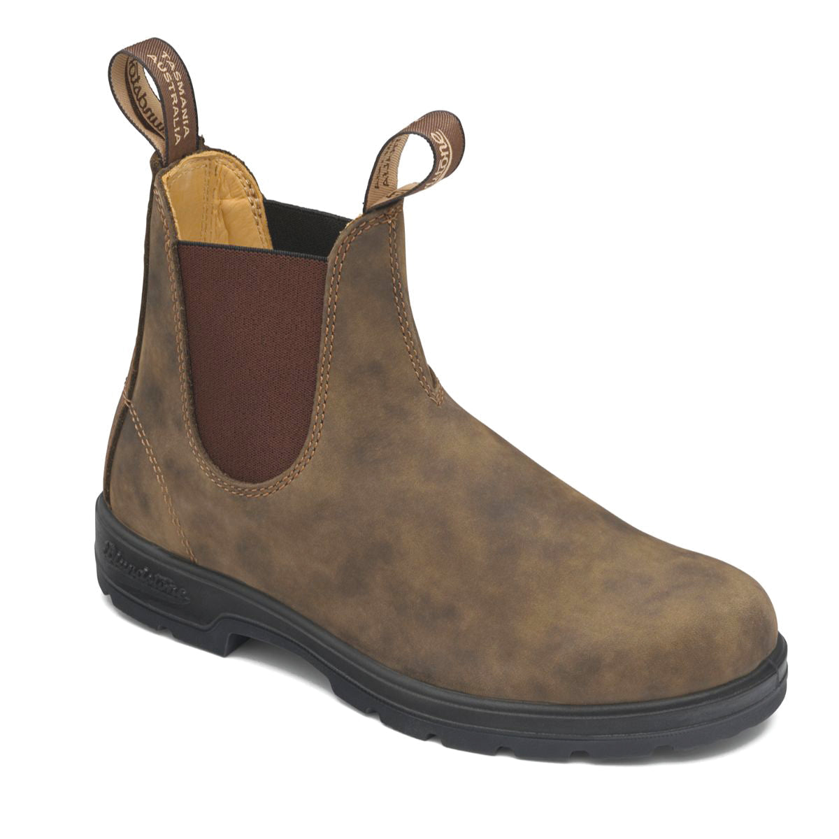 Blundstone 585 Original Classic Unisex Boot in rustic brown leather with elastic side panels, dual pull tabs, removable Comfort Lite footbed with XRD® heel technology, cushioned midsole, and TPU outsole for versatile, all-day wear. Style #585