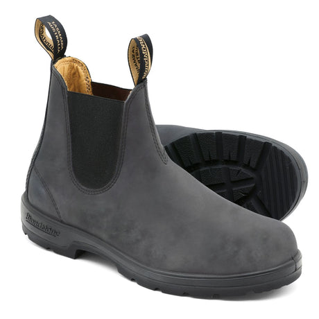 Blundstone 587 Classic Original Unisex Boot in rustic black leather featuring elastic side panels, dual pull tabs, removable Comfort Lite footbed with XRD® heel technology, cushioned midsole, and TPU outsole for versatile, all-day wear. Style #587
