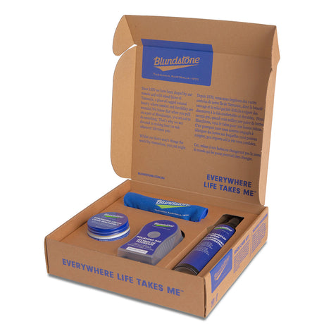 Blundstone Boot Care Kit including leather cleaner, conditioner, and applicator for maintaining smooth leather boots’ appearance and durability. Style #SHOECARE