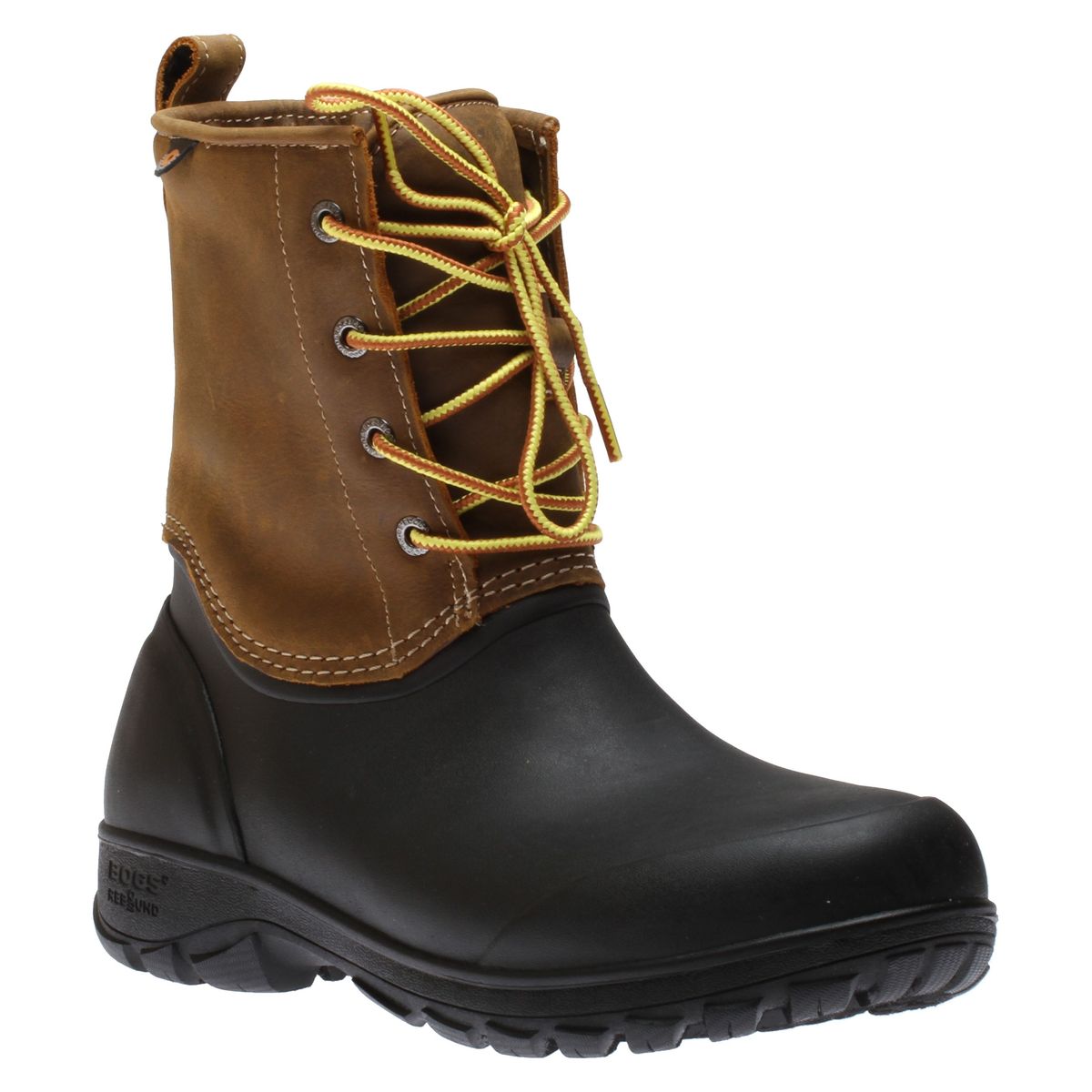 Men's Bogs Sauvie Snow waterproof work boot in tan leather and black rubber with yellow laces. Style # 72500-240