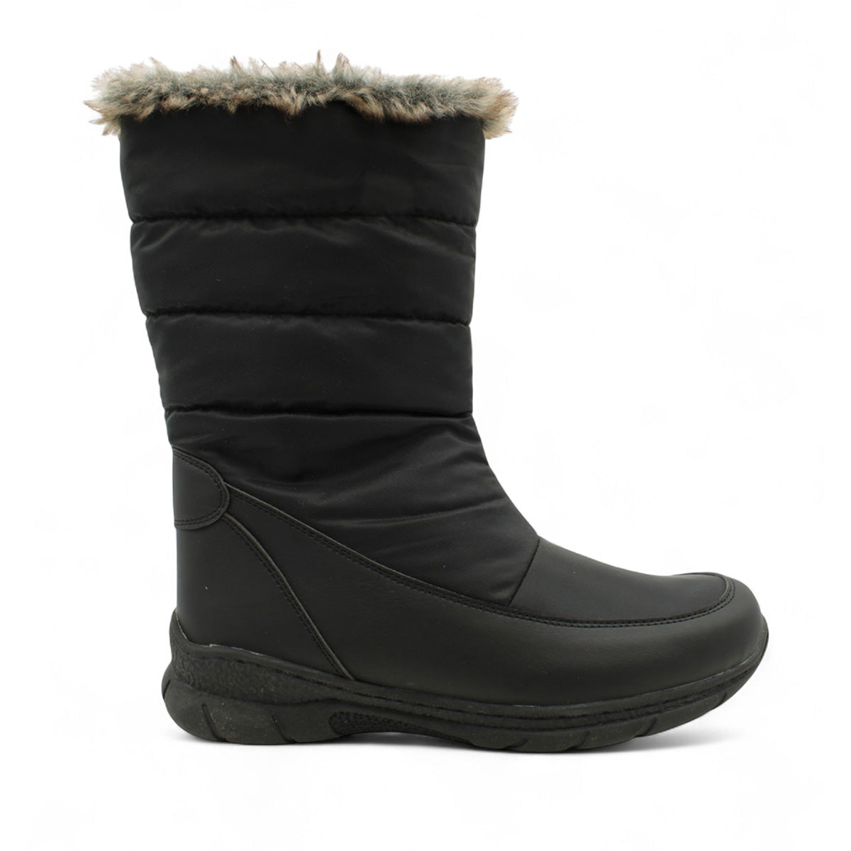 Women’s black quilted nylon mid-calf winter boot with faux-fur trim and side zipper. Style #F7090-1BLK