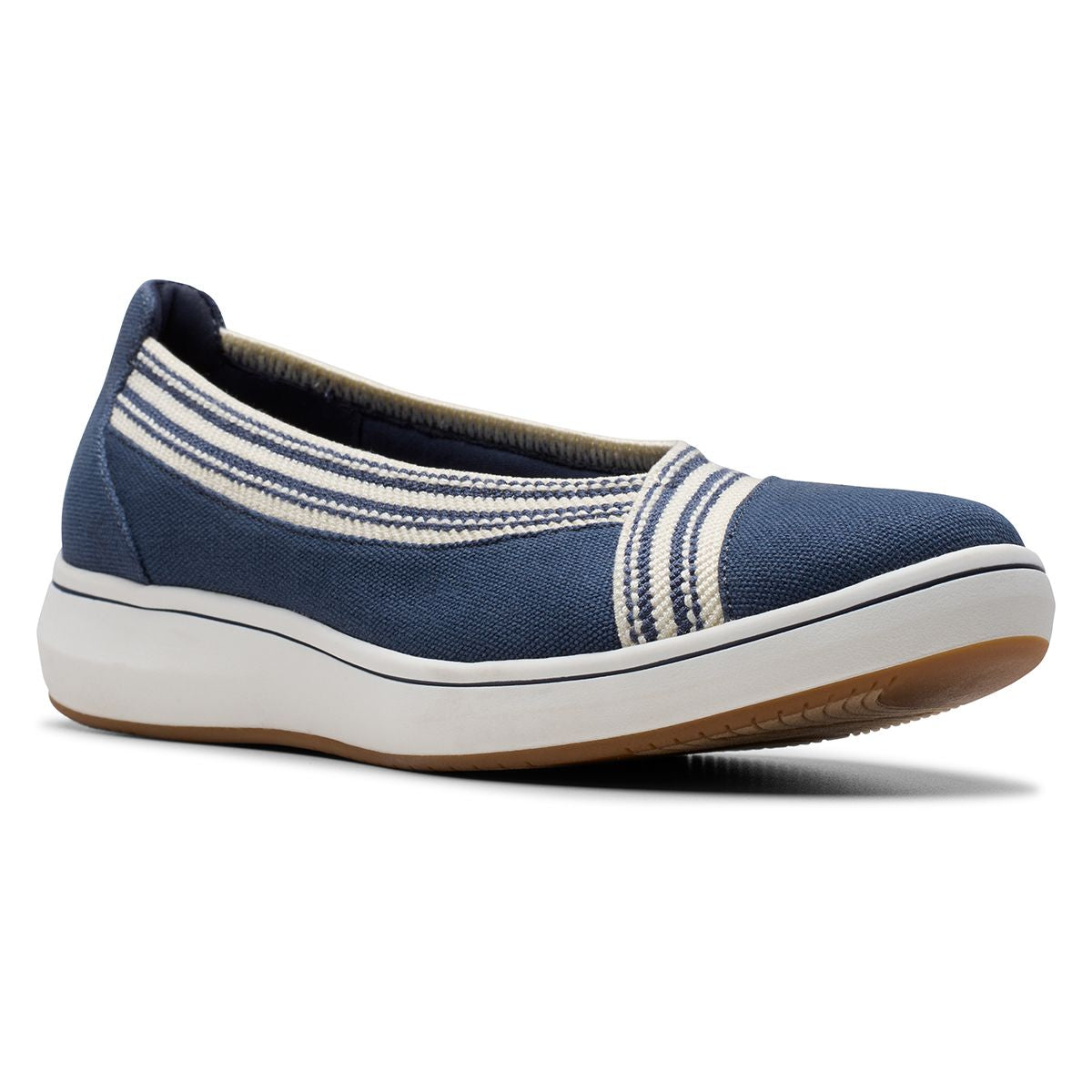 Navy blue textile slip-on shoe with a sporty side stripe, round toe, and flexible white sole. Style #26181589.