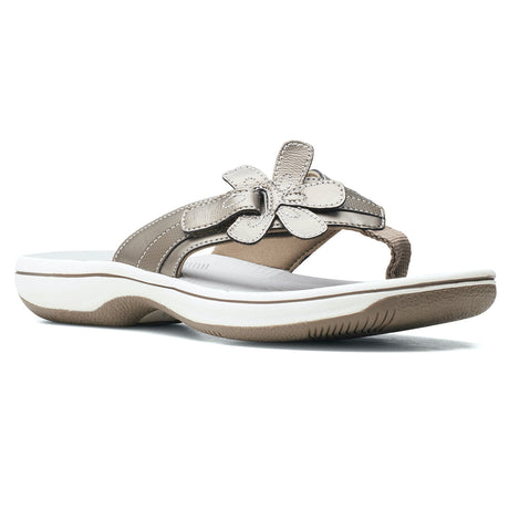 Clarks Brinkley Flora women’s thong sandal in pewter with metallic floral strap detail.  Style #26159855