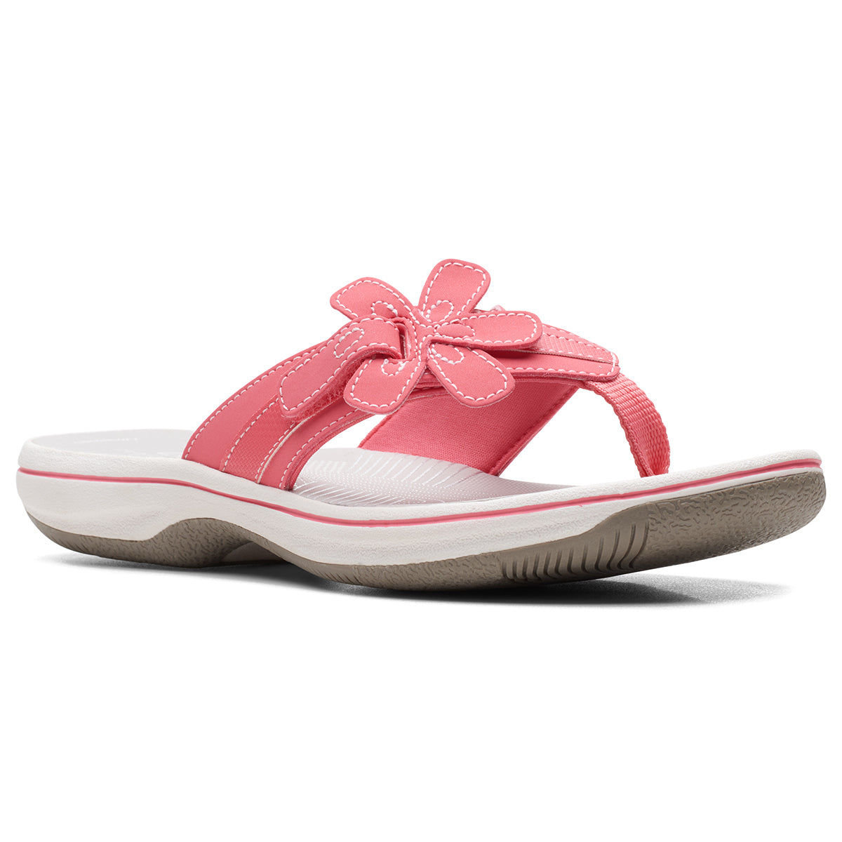 Clarks Brinkley Flora women’s thong sandal in coral with floral strap detail