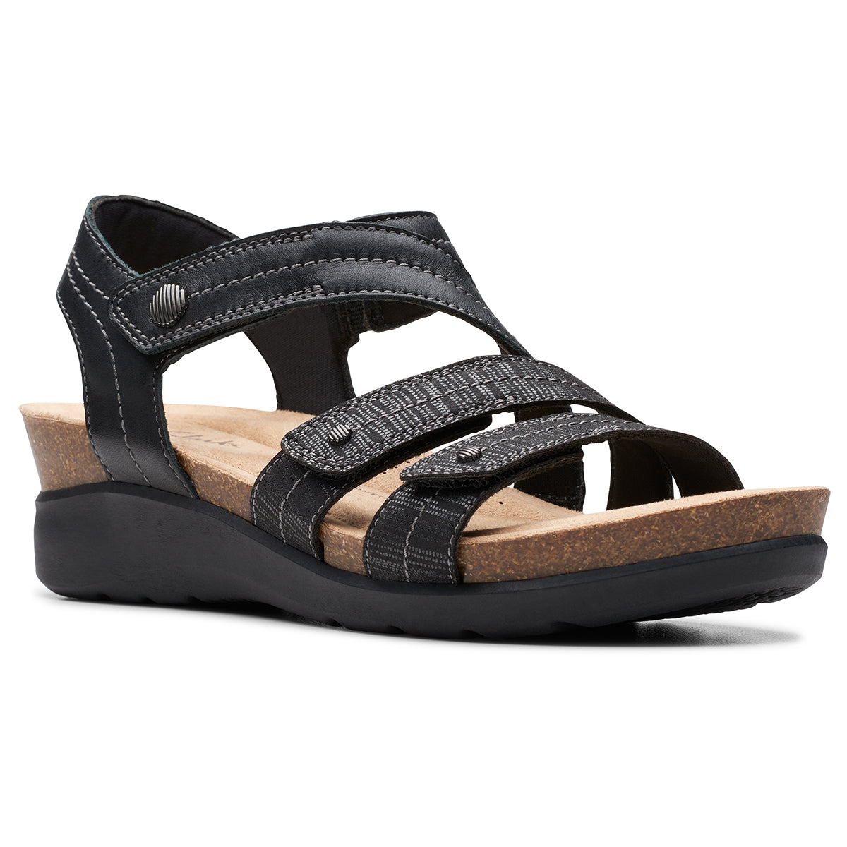 Clarks Calenne Clara wedge fully adjustable sandal in black leather for women – side view Style #26177032 .