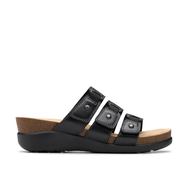 Side view of Clarks Calenne Lily Black leather Velcro sandals for women. Style #26181556