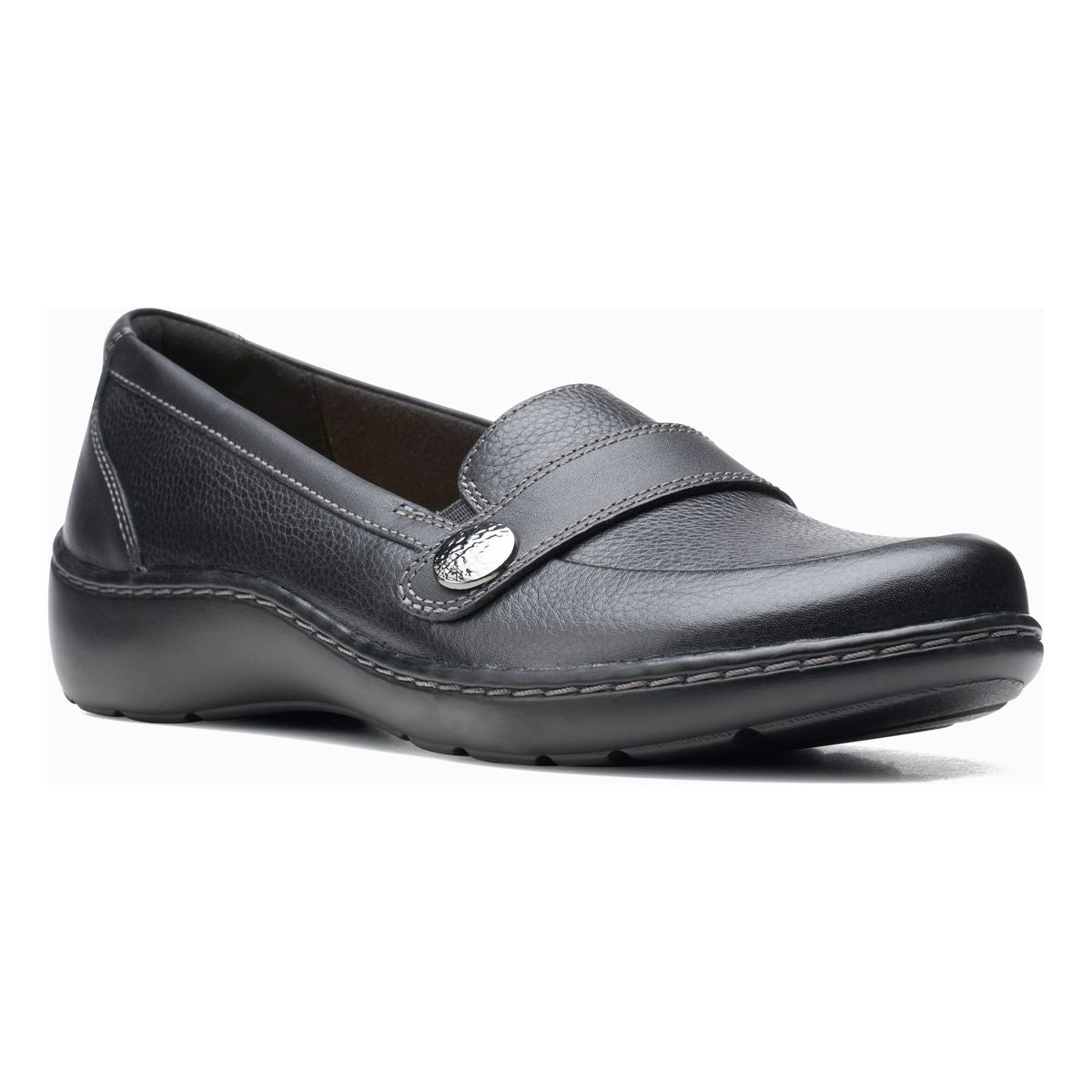 Clarks Cora Daisy Women's Loafer in Black, Leather dress shoes decorative buckle. Style #26155772