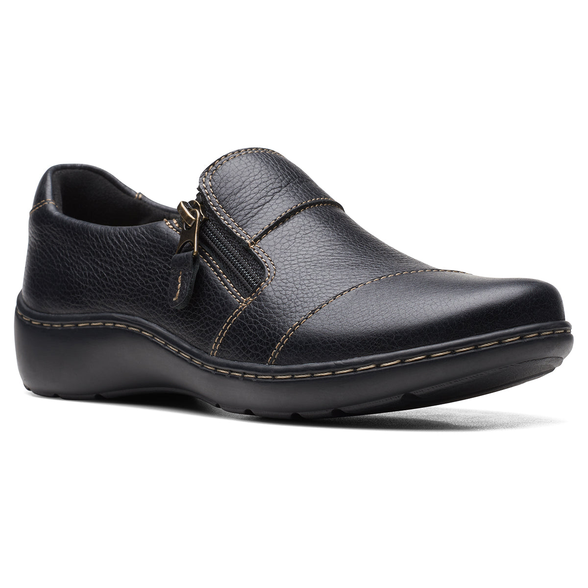 Clarks Cora Harbor Women's Loafer in Black, Leather flats zipper closure, thick stitching. Style #26168467