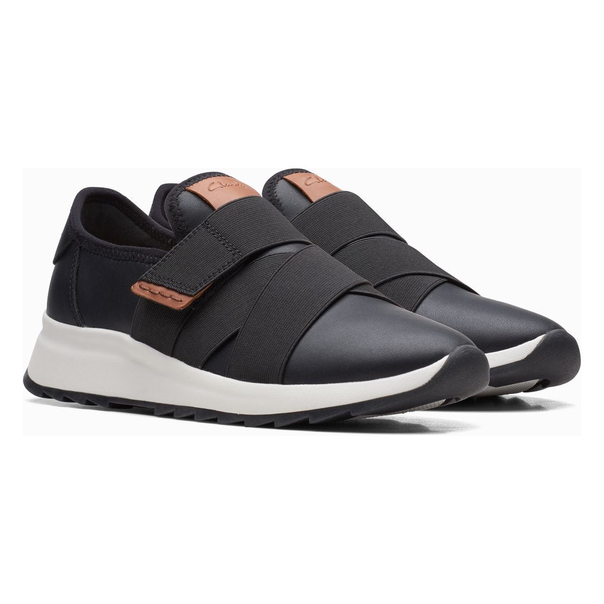 Clarks Dashlite Strap Women's Sneaker in Black Elastic Strap Closure. Style #26170436
