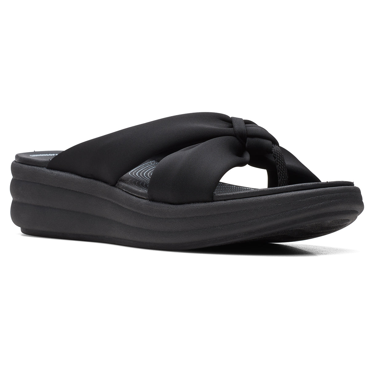 Clarks Drift Ave Women's Wedges in Black, Platform Sandal, thick straps flip flop. Style #26171893