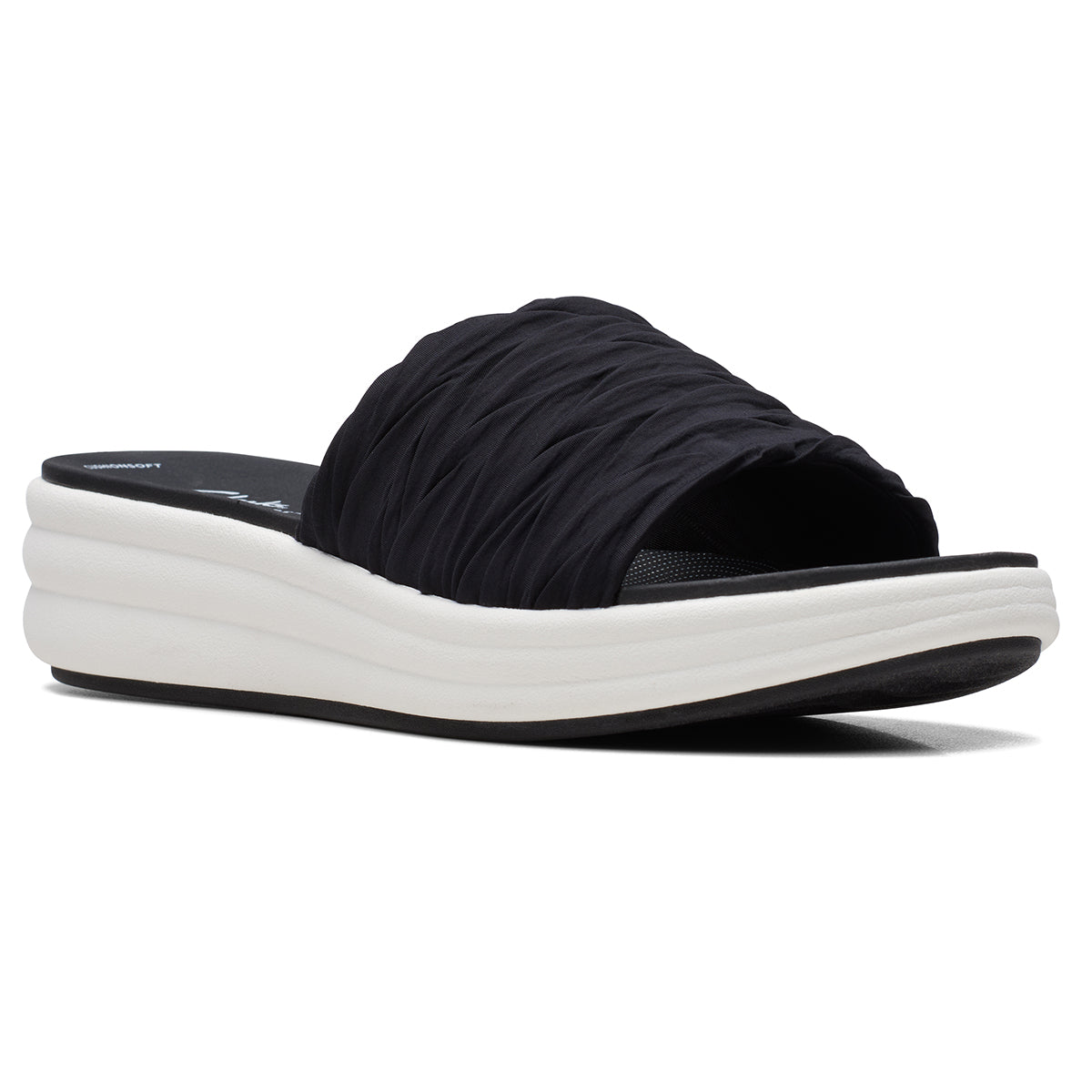 Clarks Women's Drift Petal Wedges in Black, Comfortable summer shoe, fabric strap sandals Style #26171408
