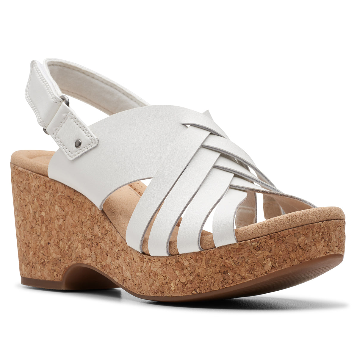 Clarks Giselle Ivy Women's Wedge Sandals in White, Cork wedge comfortable summer shoe, Style #26178028