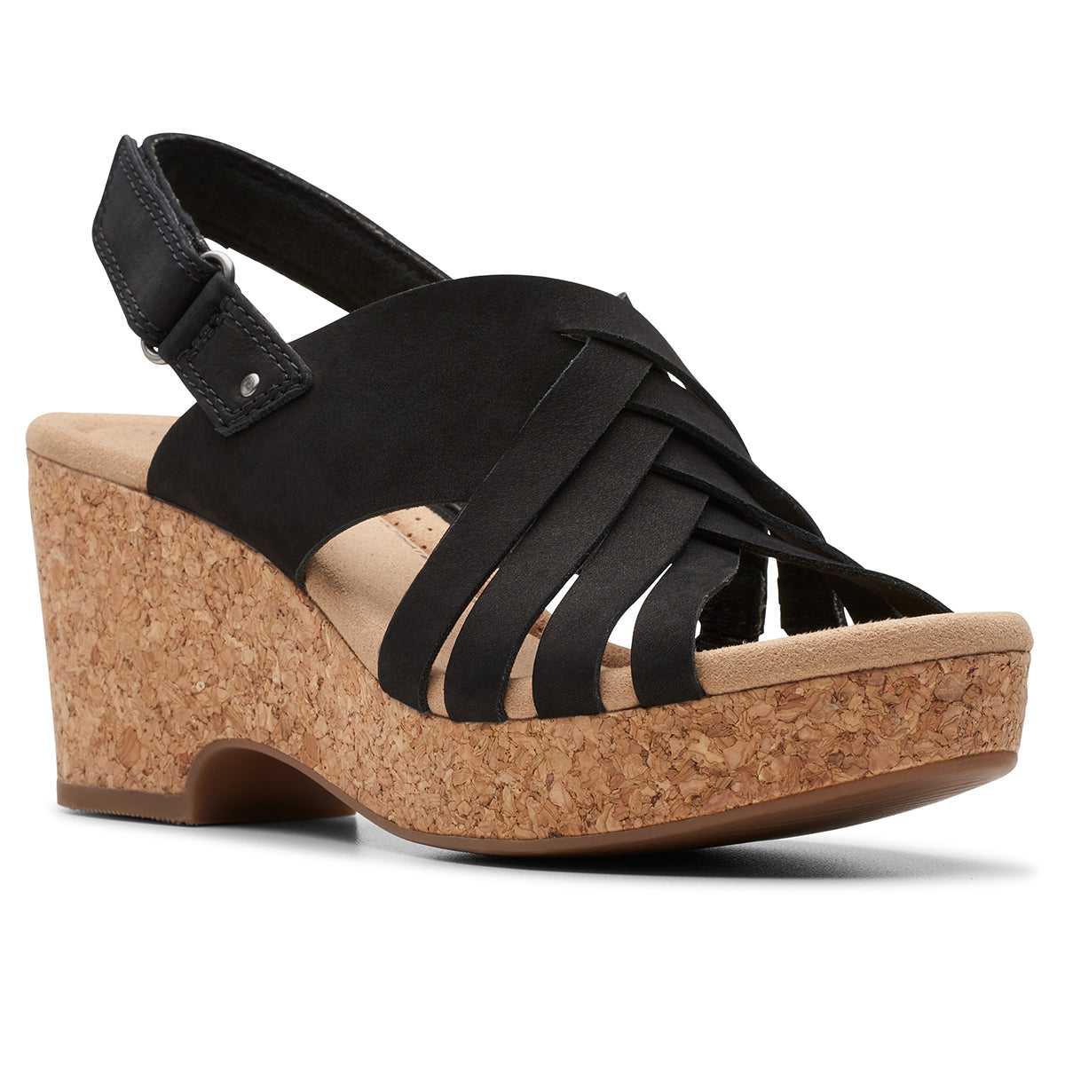 Clarks Giselle Ivy Women's Wedge Sandals in Black, strappy cork wedges comfortable summer shoe. Style #26178025