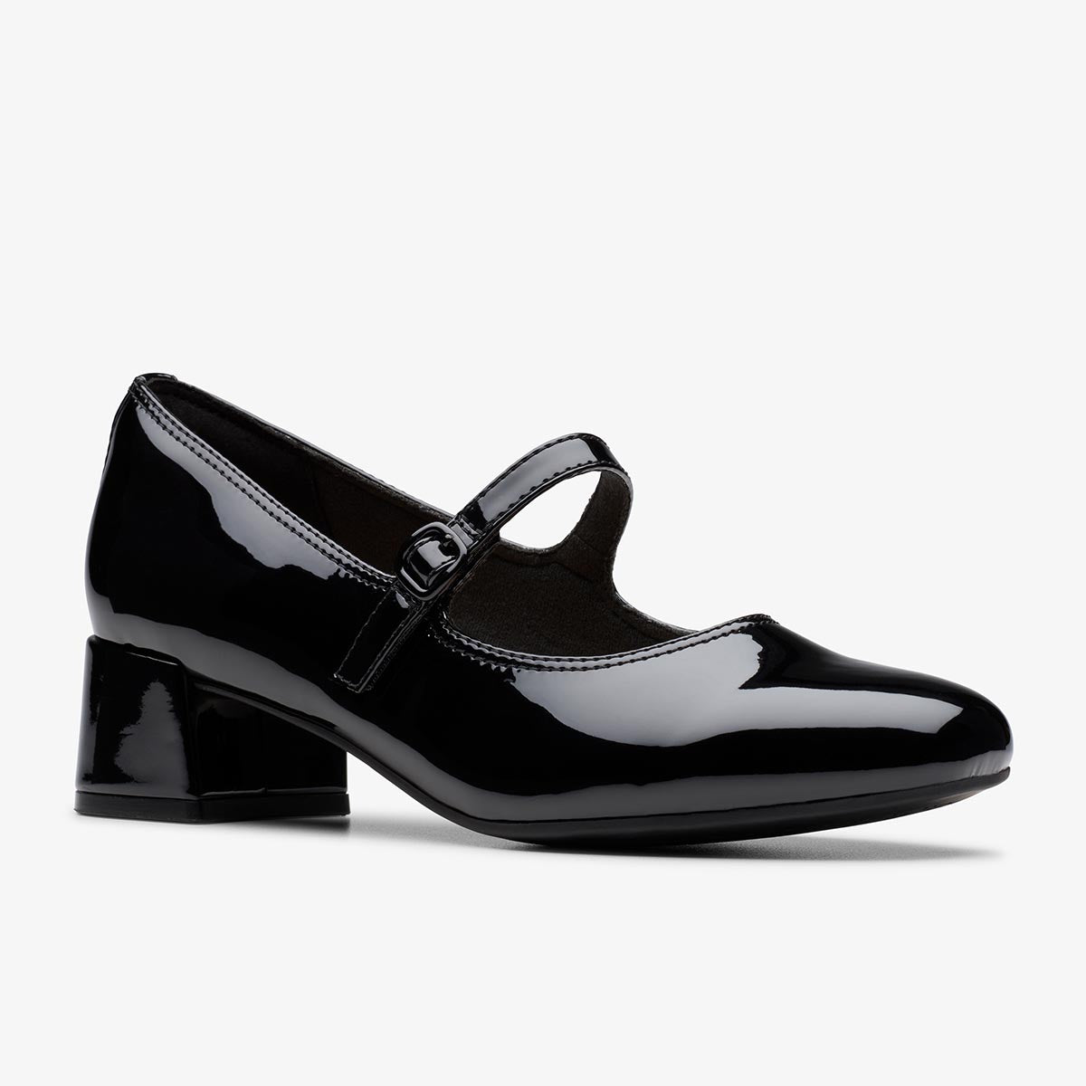 Clarks Women's Iridessa Rae in Black Patent Block Heel Shoe for all day comfort