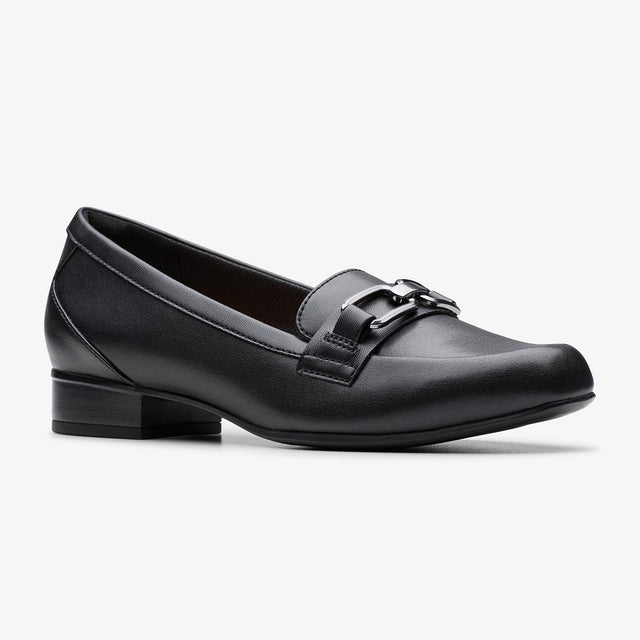 Clarks black slip-on loafer with a low block heel and silver metal bit hardware on the vamp. 26184381