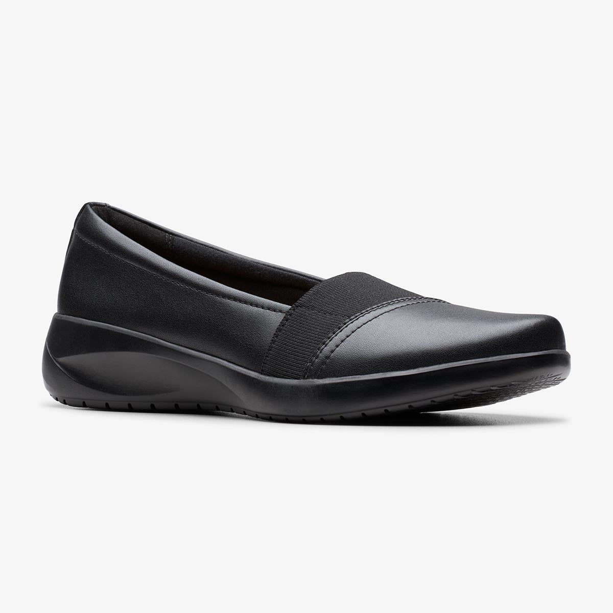 Black Clarks Kaetlyn Rhea women's comfort slip-on loafer with a low wedge heel and elastic band across the instep. 26184320