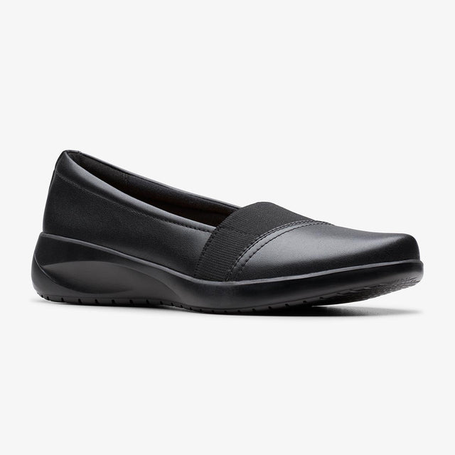 Black Clarks Kaetlyn Rhea women's comfort slip-on loafer with a low wedge heel and elastic band across the instep. 26184320