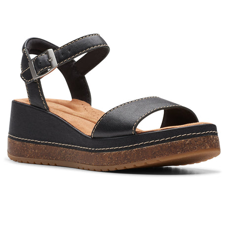 Clarks Kassanda Lily Women's Wedge Sandal in Black, Strappy comfortable summer shoe. Style #26181435