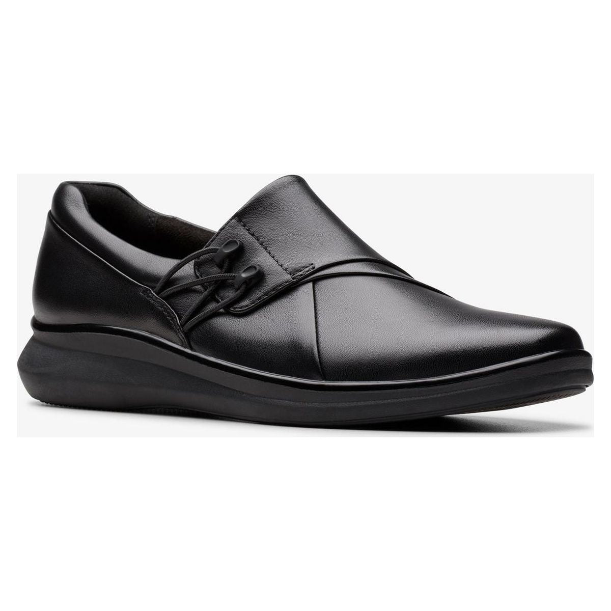 Women's black smooth leather comfort slip-on shoe with elastic bungee detail on the vamp and a subtle black wedge sole. Style # 26182971.