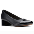 Clarks Marilyn Sara women’s leather dress shoe in black with low block heel, cushioned footbed, and classic almond toe – available at Walking on a Cloud Canada.