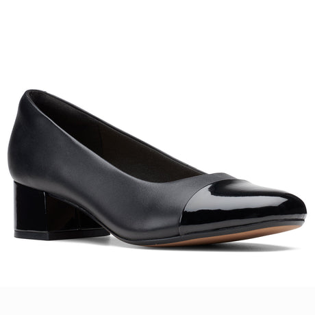 Clarks Marilyn Sara women’s leather dress shoe in black with low block heel, cushioned footbed, and classic almond toe – available at Walking on a Cloud Canada.