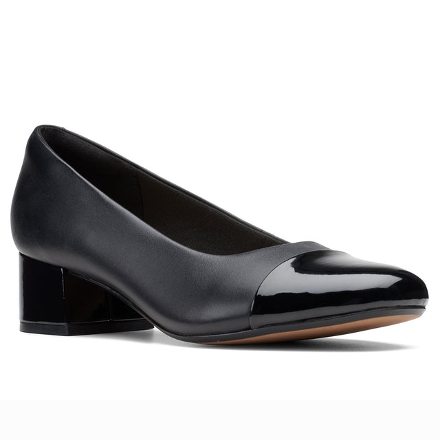 Clarks Marilyn Sara women’s leather dress shoe in black with low block heel, cushioned footbed, and classic almond toe – available at Walking on a Cloud Canada.
