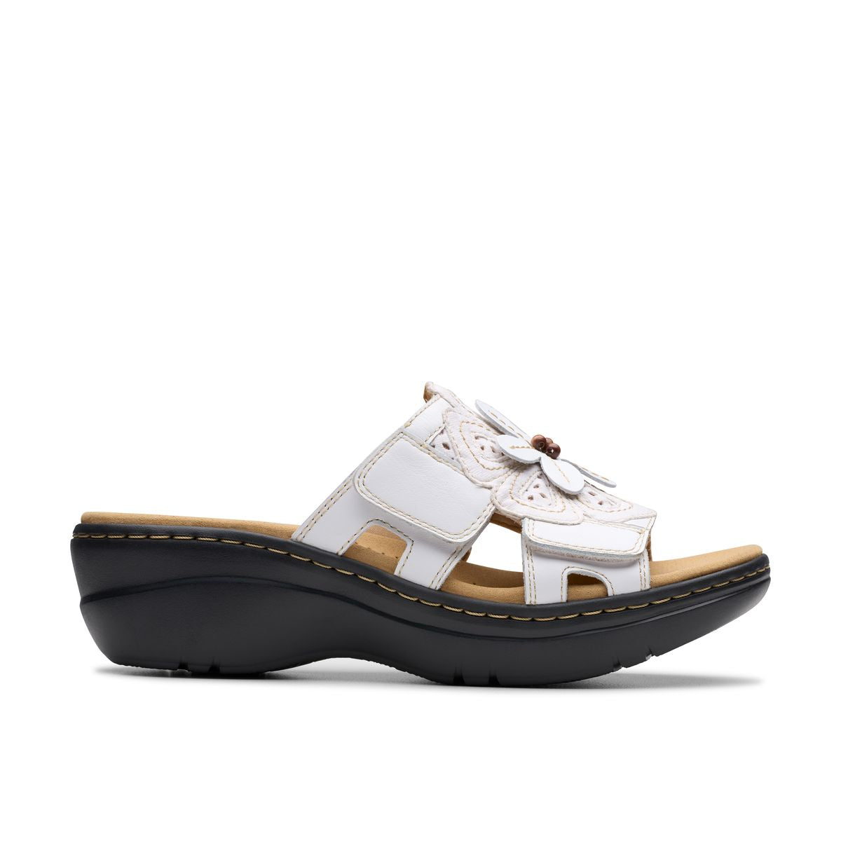 Clarks Merliah 2 Belle Women's Sandals in White, Wedge strappy Sandals leather flower detail, Style #26181724