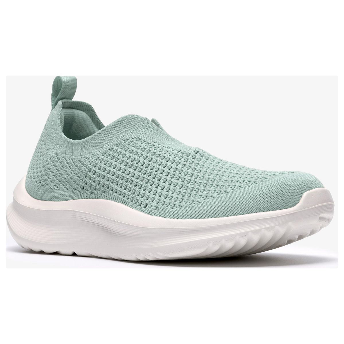 Women’s sage green slip-on knit sneaker with a textured mesh upper, heel pull tab, and thick white rubber sole. Style #26187124
