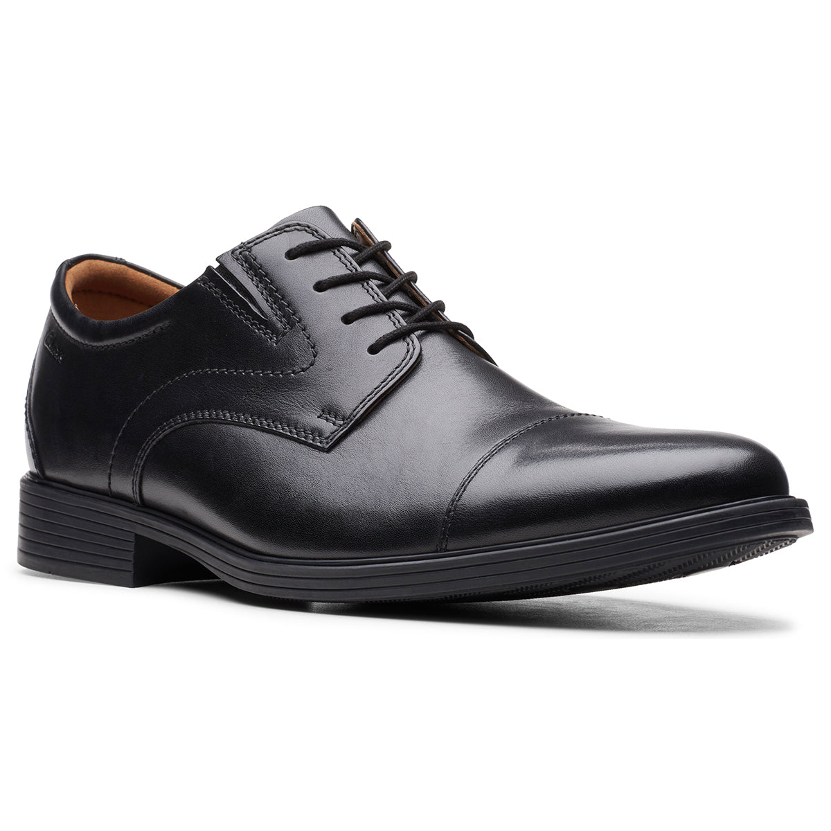 Clarks Whiddon Cap Leather Oxford Shoes in black leather with cap-toe design, lace-up closure, and cushioned insole – available at Walking on a Cloud Canada.
