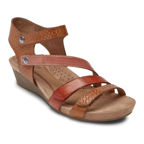 Women’s Cobb Hill 4-strap sandal with low wedge heel, leather straps, Velcro closures, contoured footbed, and wood-style outsole in warm brown tones. Style #CI0238