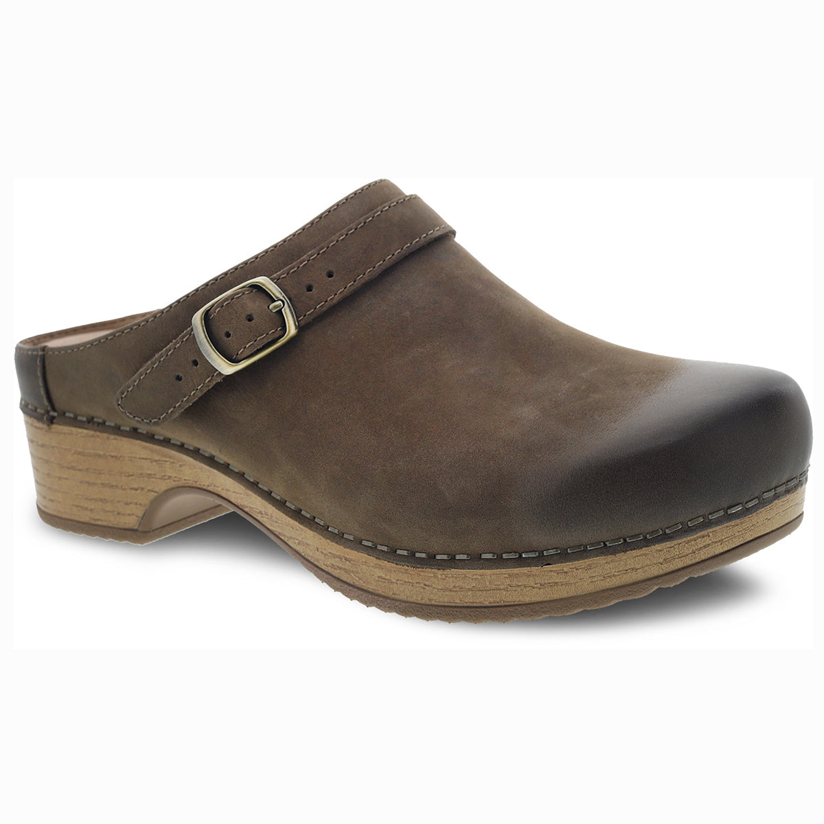 Dansko Berry Backless Women's Clog in Mushroom Burnished Nubuck Mule, decorative buckle closure, Style #9421871600