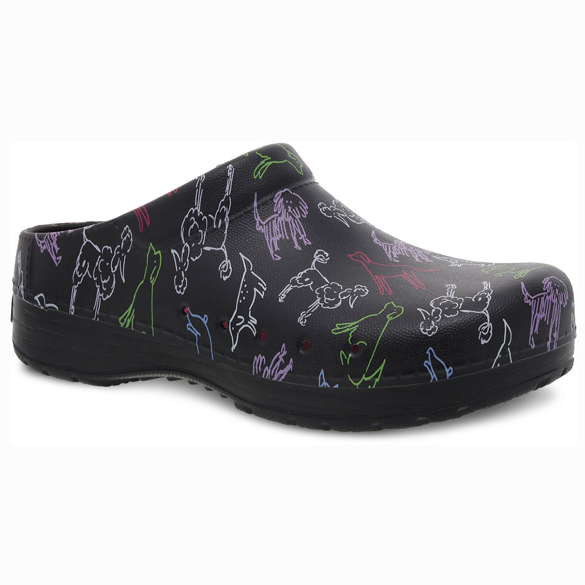 Black Dansko Women's Kane Clog with colorful outlined dog prints, product code 4145390200.