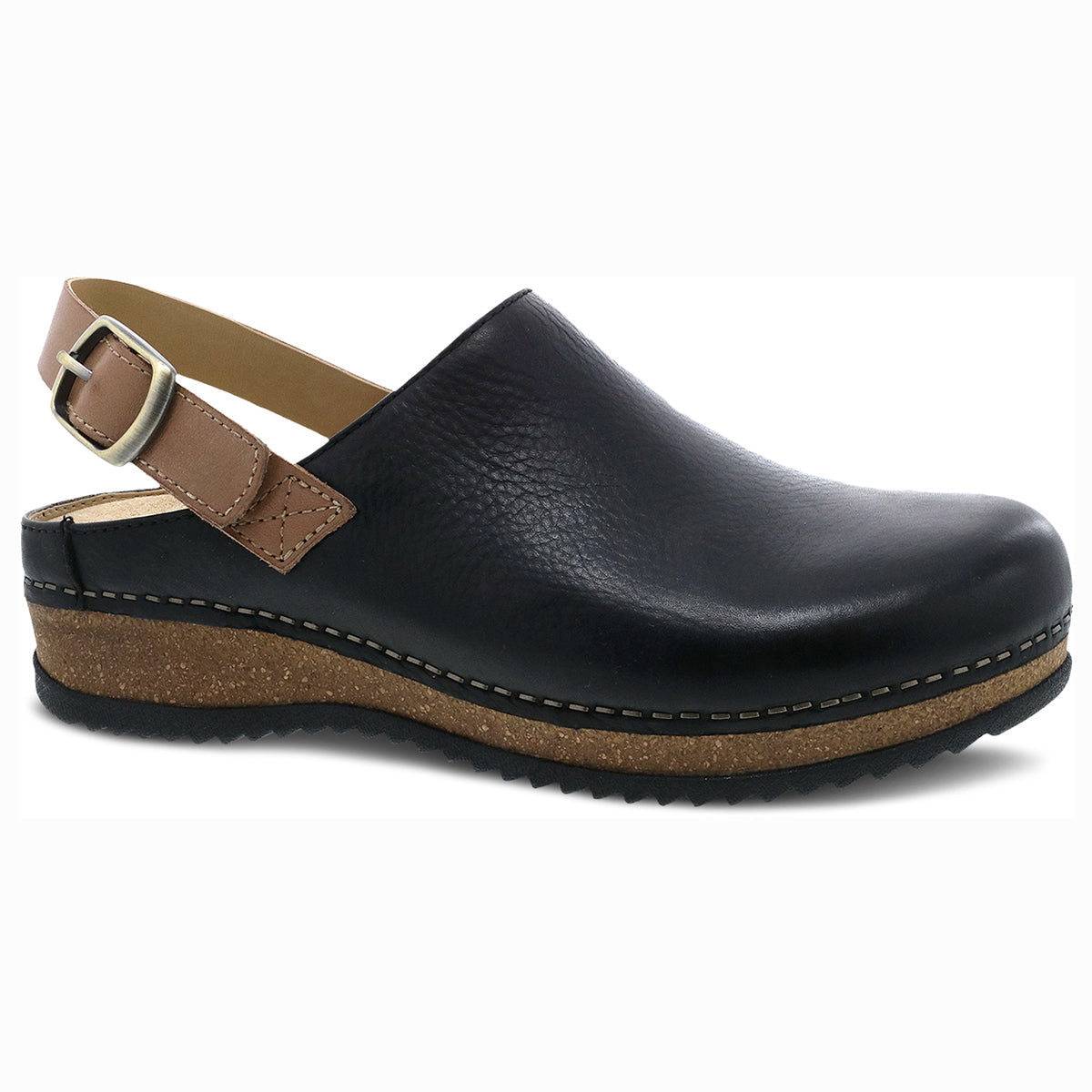Dansko Merrin Black Leather Clog with adjustable backstrap | Women’s Mule | Canada, arch support, memory foam cushioning, and a flexible sole for all-day walking comfort. Style #9605500200