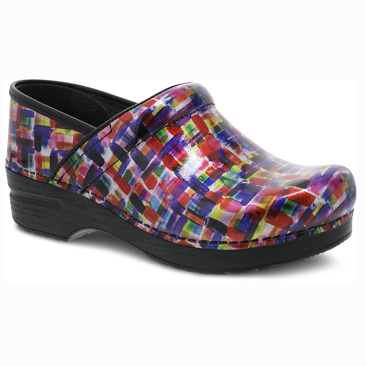Women's Dansko Professional slip-on clog with glossy, multi-coloured abstract Colour Block patent leather upper and black rocker sole. Style #: 706-420202